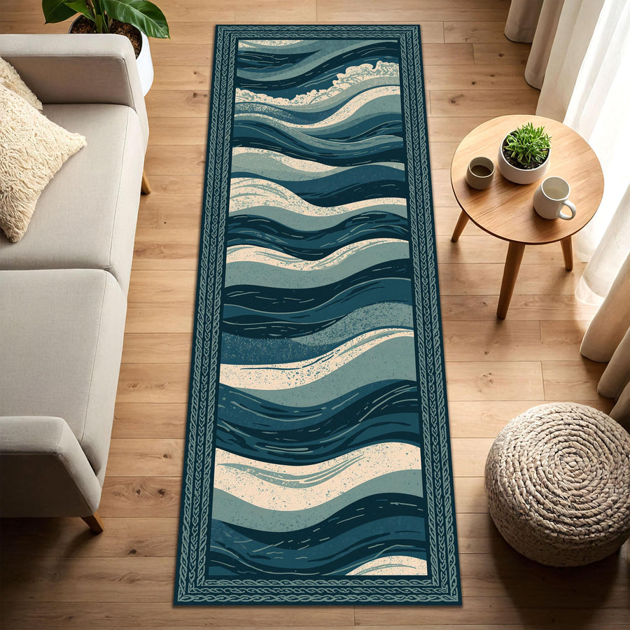 Ocean Waves Runner Rug, Coastal Blue Teal Hallway Carpet, Nautical Sea Pattern Floor Mat, Modern Beach House Decor, Boho Style Long Runner