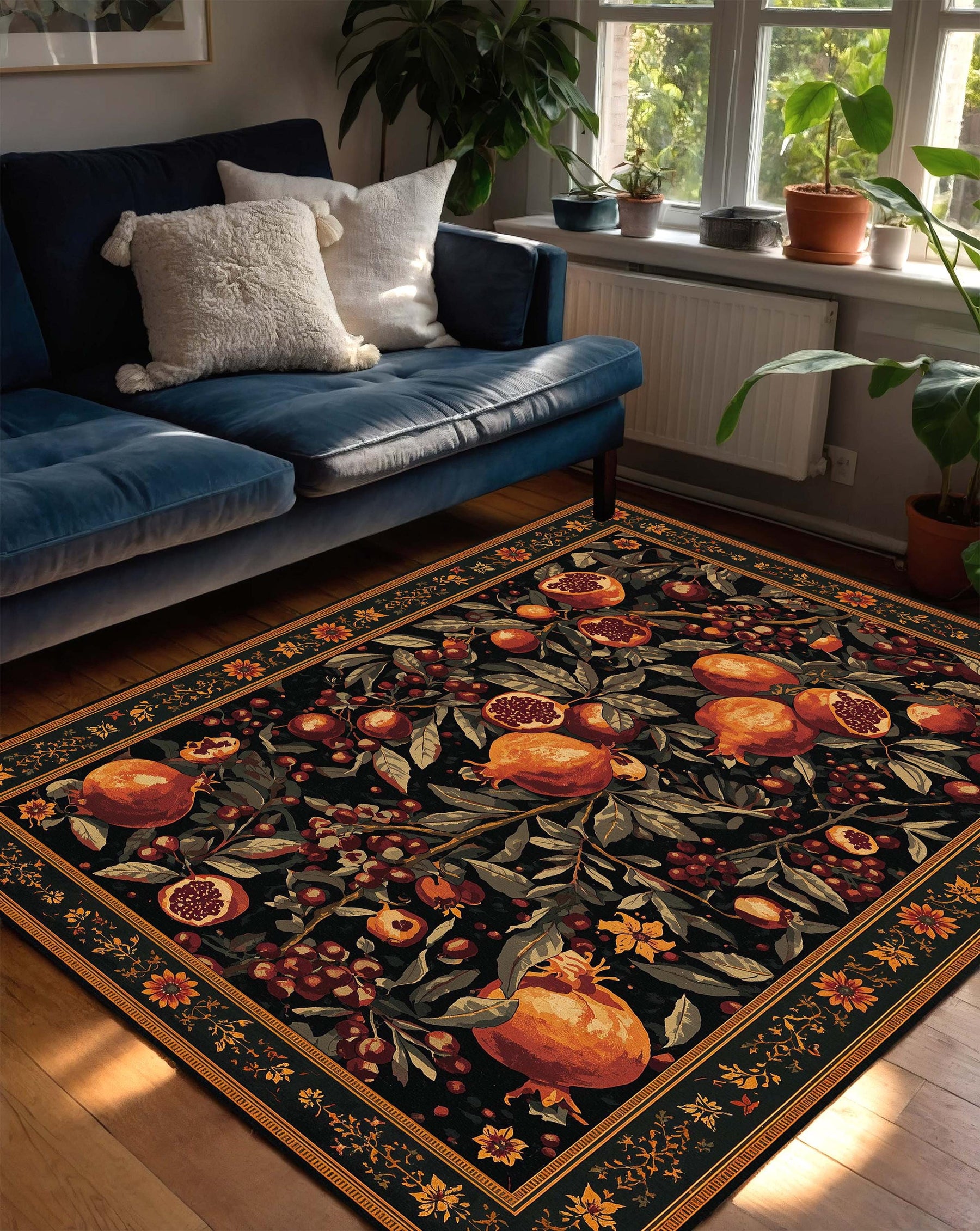 Pomegranate Botanical Area Rug, Dark Navy Vintage Fruit Pattern, Autumn Floral Runner Carpet for Living Room, Boho Farmhouse Decor
