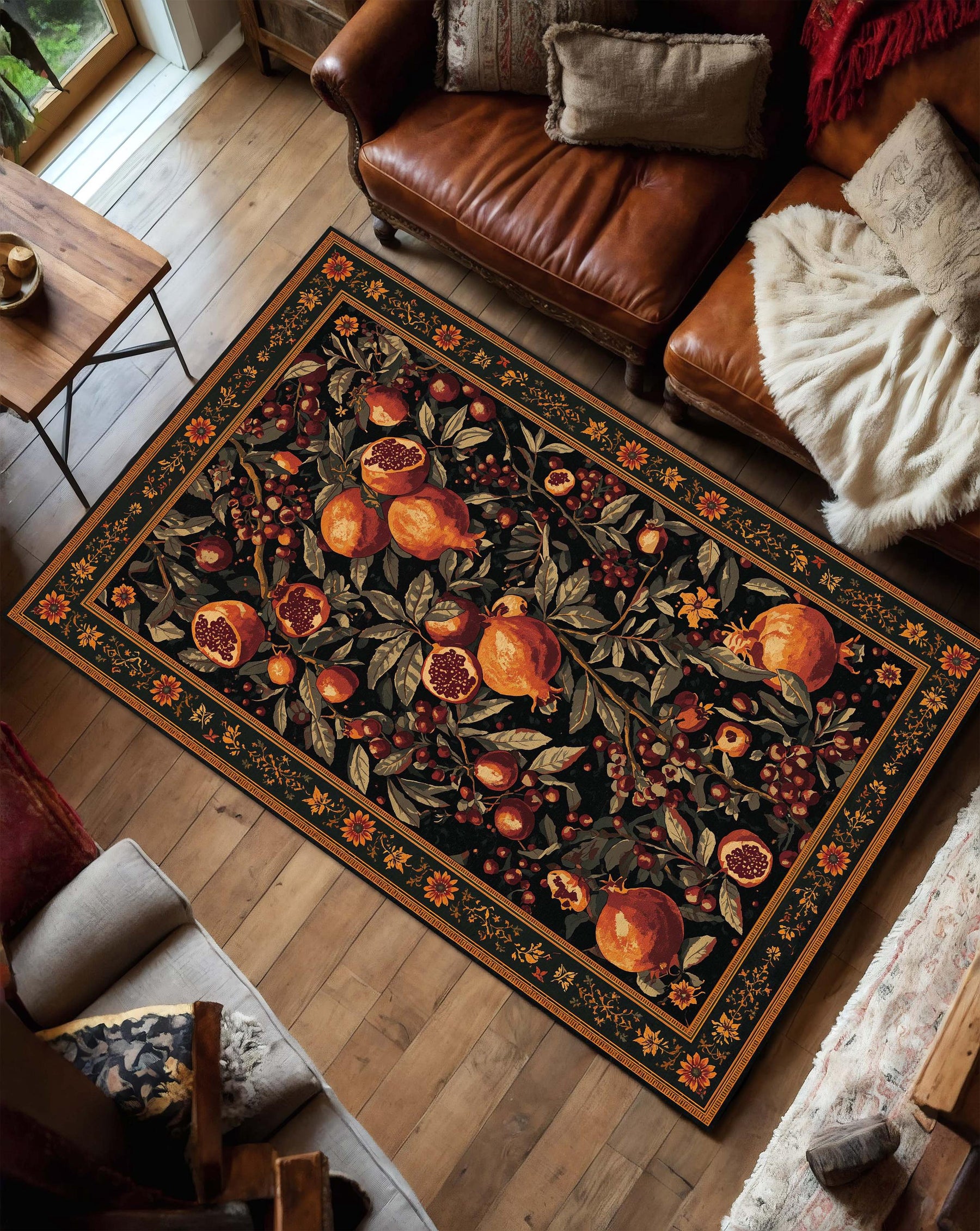 Pomegranate Botanical Area Rug, Dark Navy Vintage Fruit Pattern, Autumn Floral Runner Carpet for Living Room, Boho Farmhouse Decor