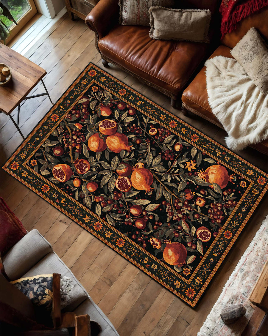 Pomegranate Botanical Area Rug, Dark Navy Vintage Fruit Pattern, Autumn Floral Runner Carpet for Living Room, Boho Farmhouse Decor