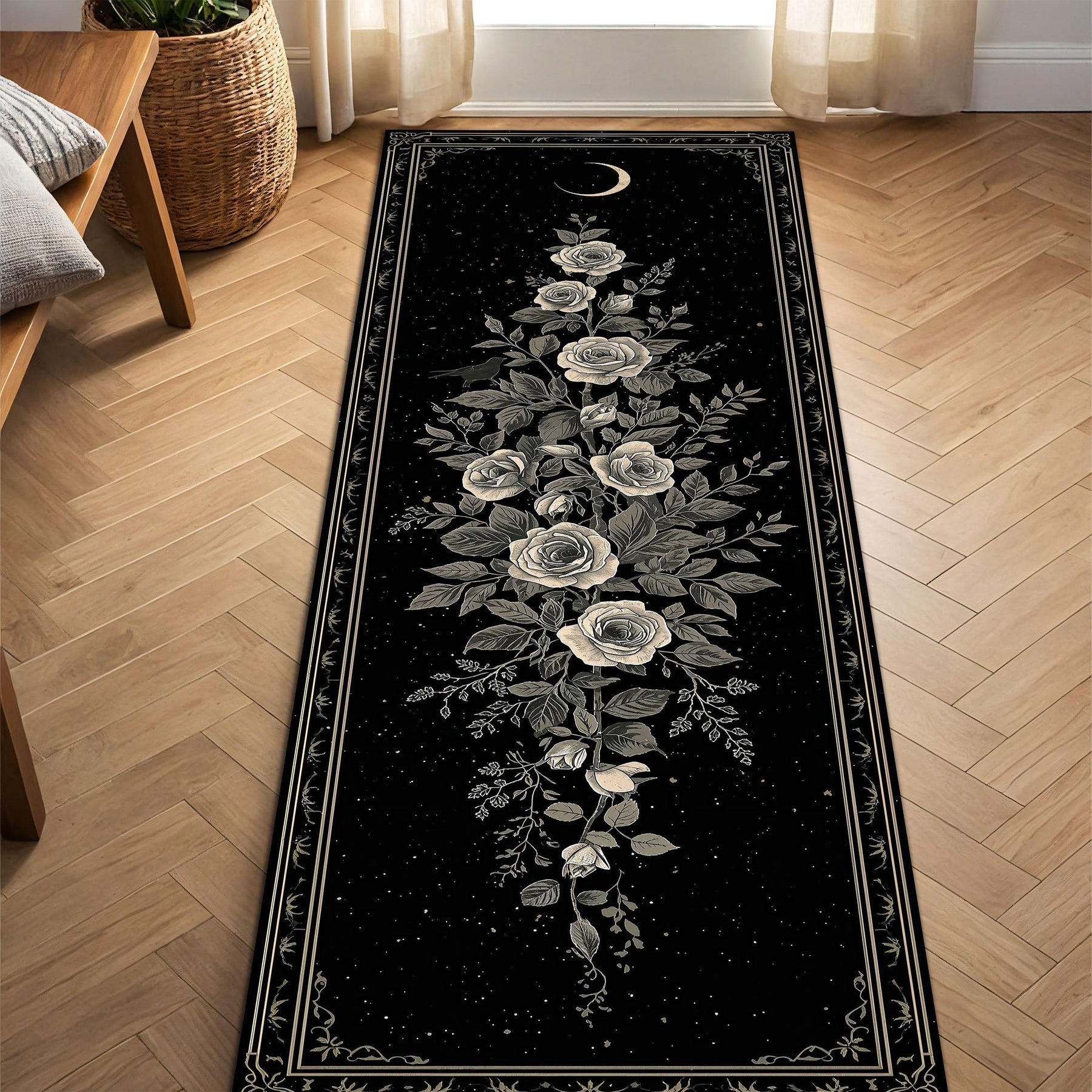 Black Gothic Rose Moon Runner Rug, Celestial Floral Hallway Carpet, Vintage Botanical Starry Decor, Entryway Kitchen Floor Mat Non Slip