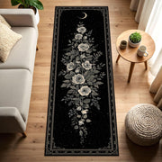 Black Gothic Rose Moon Runner Rug, Celestial Floral Hallway Carpet, Vintage Botanical Starry Decor, Entryway Kitchen Floor Mat Non Slip