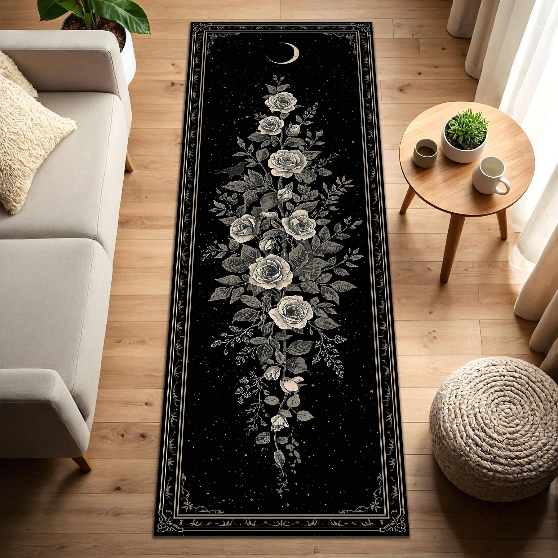 Black Gothic Rose Moon Runner Rug, Celestial Floral Hallway Carpet, Vintage Botanical Starry Decor, Entryway Kitchen Floor Mat Non Slip