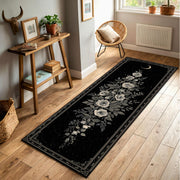 Black Gothic Rose Moon Runner Rug, Celestial Floral Hallway Carpet, Vintage Botanical Starry Decor, Entryway Kitchen Floor Mat Non Slip