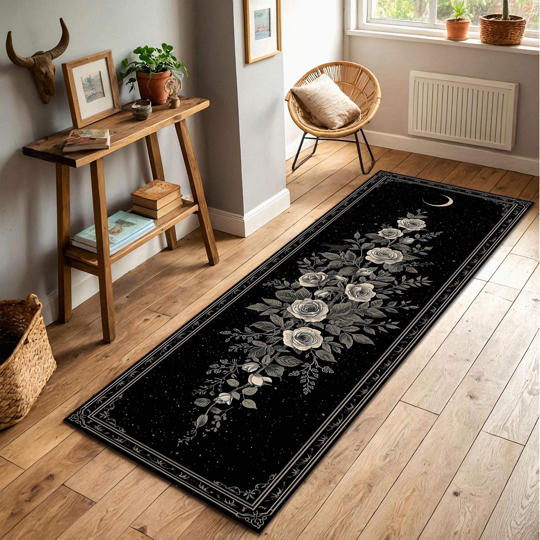 Black Gothic Rose Moon Runner Rug, Celestial Floral Hallway Carpet, Vintage Botanical Starry Decor, Entryway Kitchen Floor Mat Non Slip