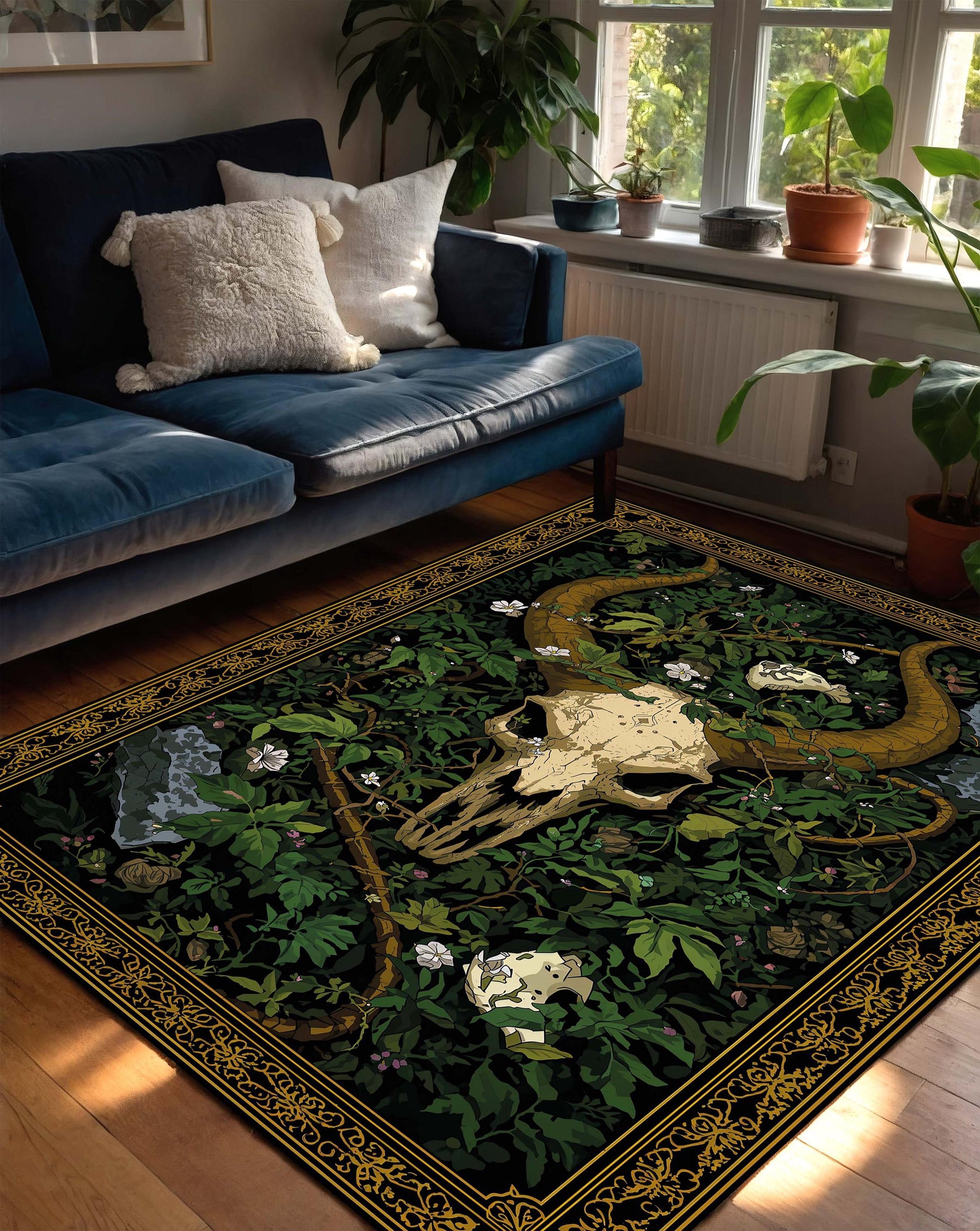 Gothic Bull Skull Forest Rug, Dark Botanical Area Rug with Vintage Gold Border, Occult Nature Decor for Living Room, Bedroom Gift Idea