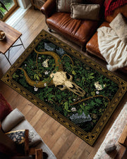 Gothic Bull Skull Forest Rug, Dark Botanical Area Rug with Vintage Gold Border, Occult Nature Decor for Living Room, Bedroom Gift Idea