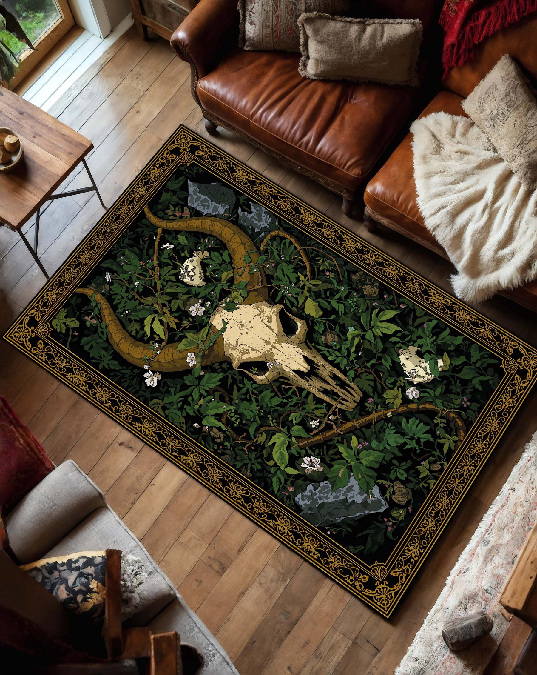 Gothic Bull Skull Forest Rug, Dark Botanical Area Rug with Vintage Gold Border, Occult Nature Decor for Living Room, Bedroom Gift Idea