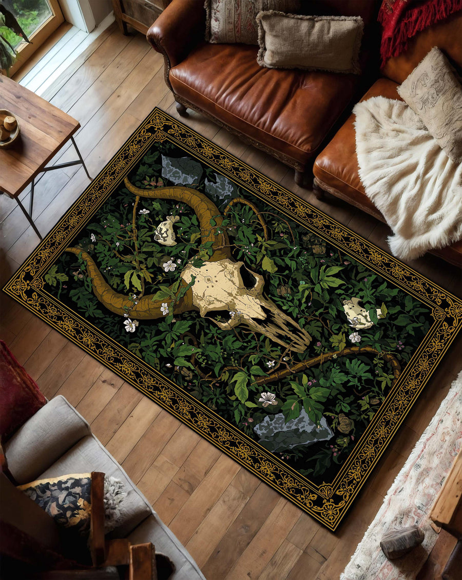 Gothic Bull Skull Forest Rug, Dark Botanical Area Rug with Vintage Gold Border, Occult Nature Decor for Living Room, Bedroom Gift Idea