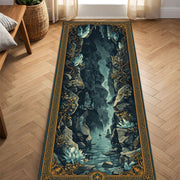 Fantasy Cave Waterfall Runner Rug, Navy Teal Gold Border Hallway Carpet, Mystical Landscape Floor Decor for Entryway Living Room Home