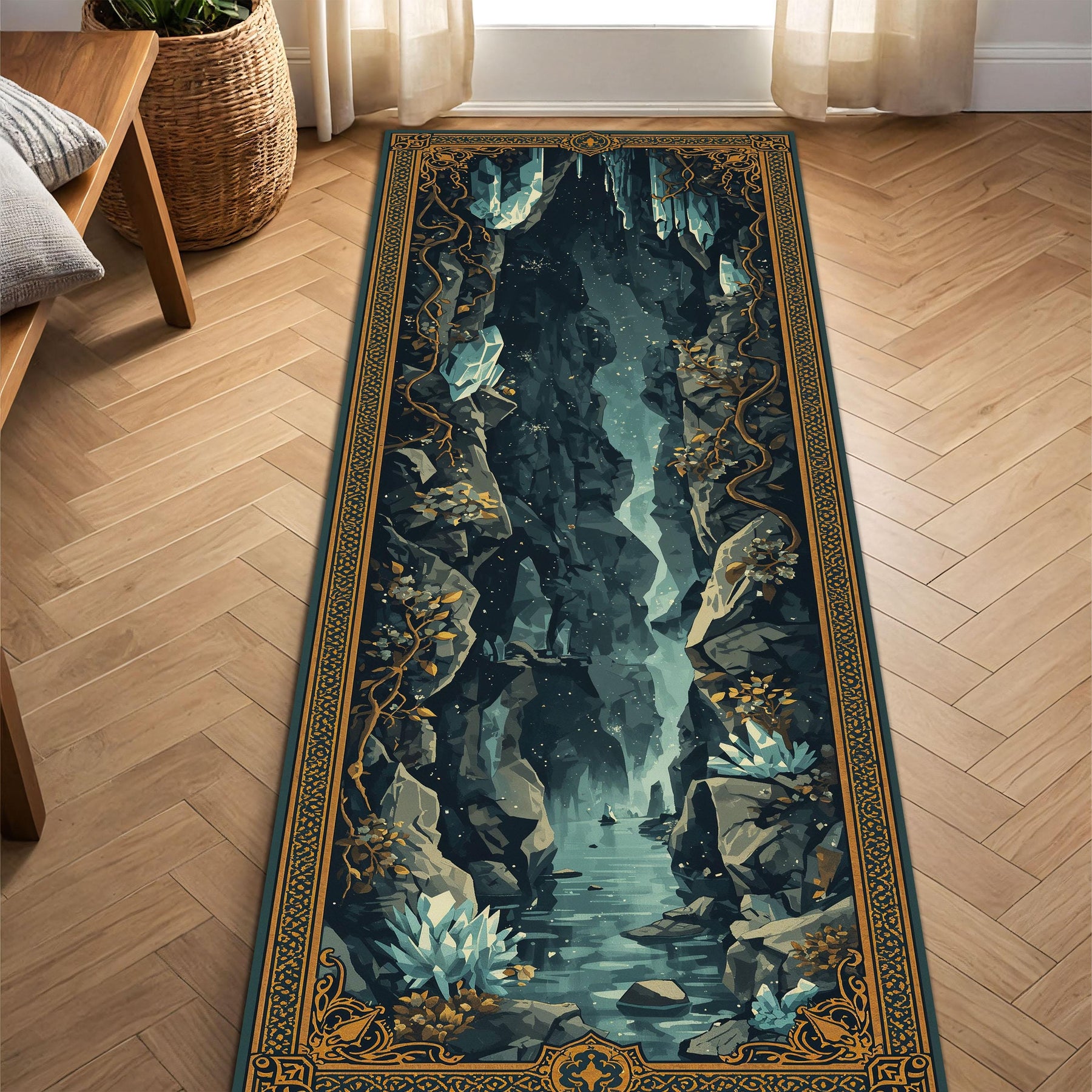 Fantasy Cave Waterfall Runner Rug, Navy Teal Gold Border Hallway Carpet, Mystical Landscape Floor Decor for Entryway Living Room Home