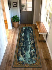 Fantasy Cave Waterfall Runner Rug, Navy Teal Gold Border Hallway Carpet, Mystical Landscape Floor Decor for Entryway Living Room Home