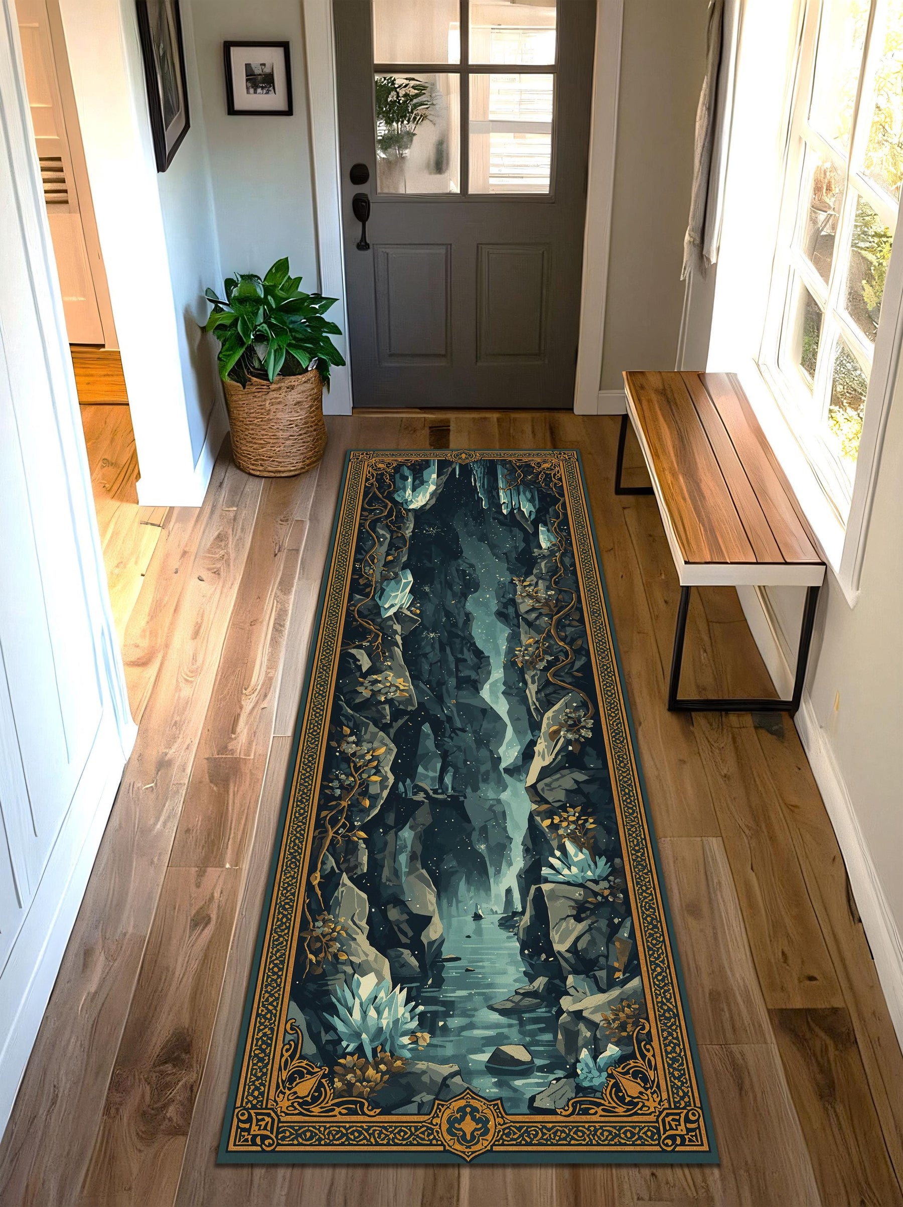 Fantasy Cave Waterfall Runner Rug, Navy Teal Gold Border Hallway Carpet, Mystical Landscape Floor Decor for Entryway Living Room Home