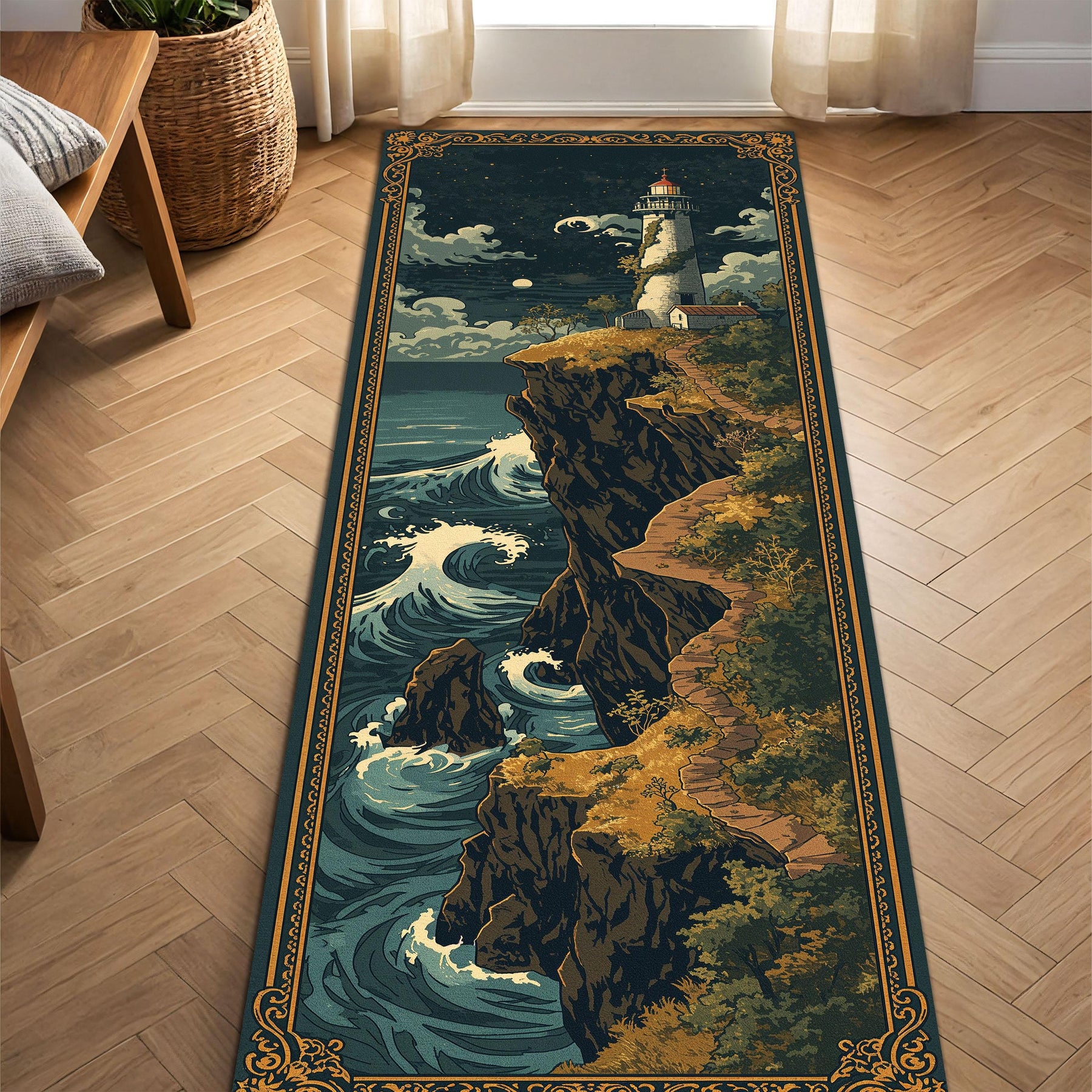 Coastal Lighthouse Runner Rug, Ocean Cliff Wave Hallway Carpet, Nautical Vintage Floor Mat for Entryway Kitchen Corridor Decor Gift Idea