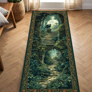 Enchanted Forest Runner Rug with Griffin and Castle, Dark Green Fairy Garden Pathway Hallway Mat, Cottagecore Fantasy Decor Entryway