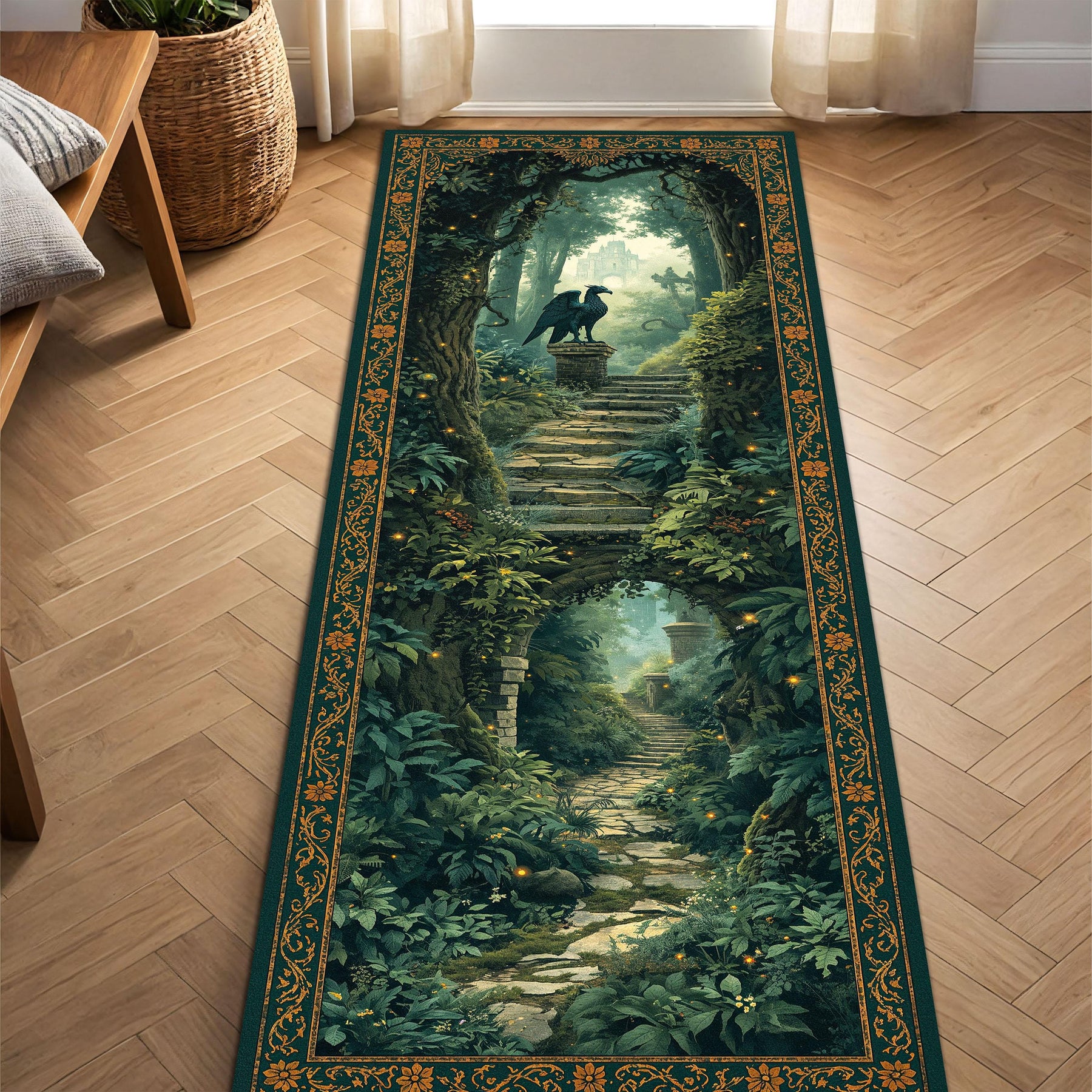 Enchanted Forest Runner Rug with Griffin and Castle, Dark Green Fairy Garden Pathway Hallway Mat, Cottagecore Fantasy Decor Entryway