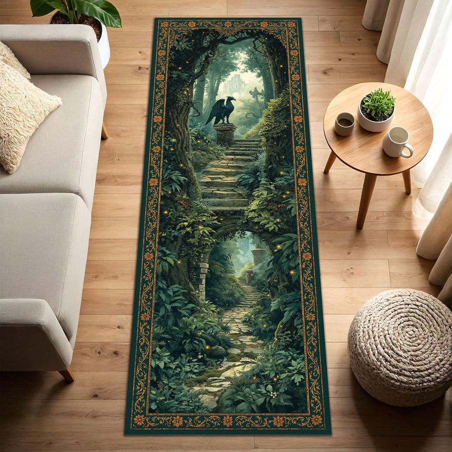 Enchanted Forest Runner Rug with Griffin and Castle, Dark Green Fairy Garden Pathway Hallway Mat, Cottagecore Fantasy Decor Entryway