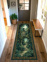 Enchanted Forest Runner Rug with Griffin and Castle, Dark Green Fairy Garden Pathway Hallway Mat, Cottagecore Fantasy Decor Entryway