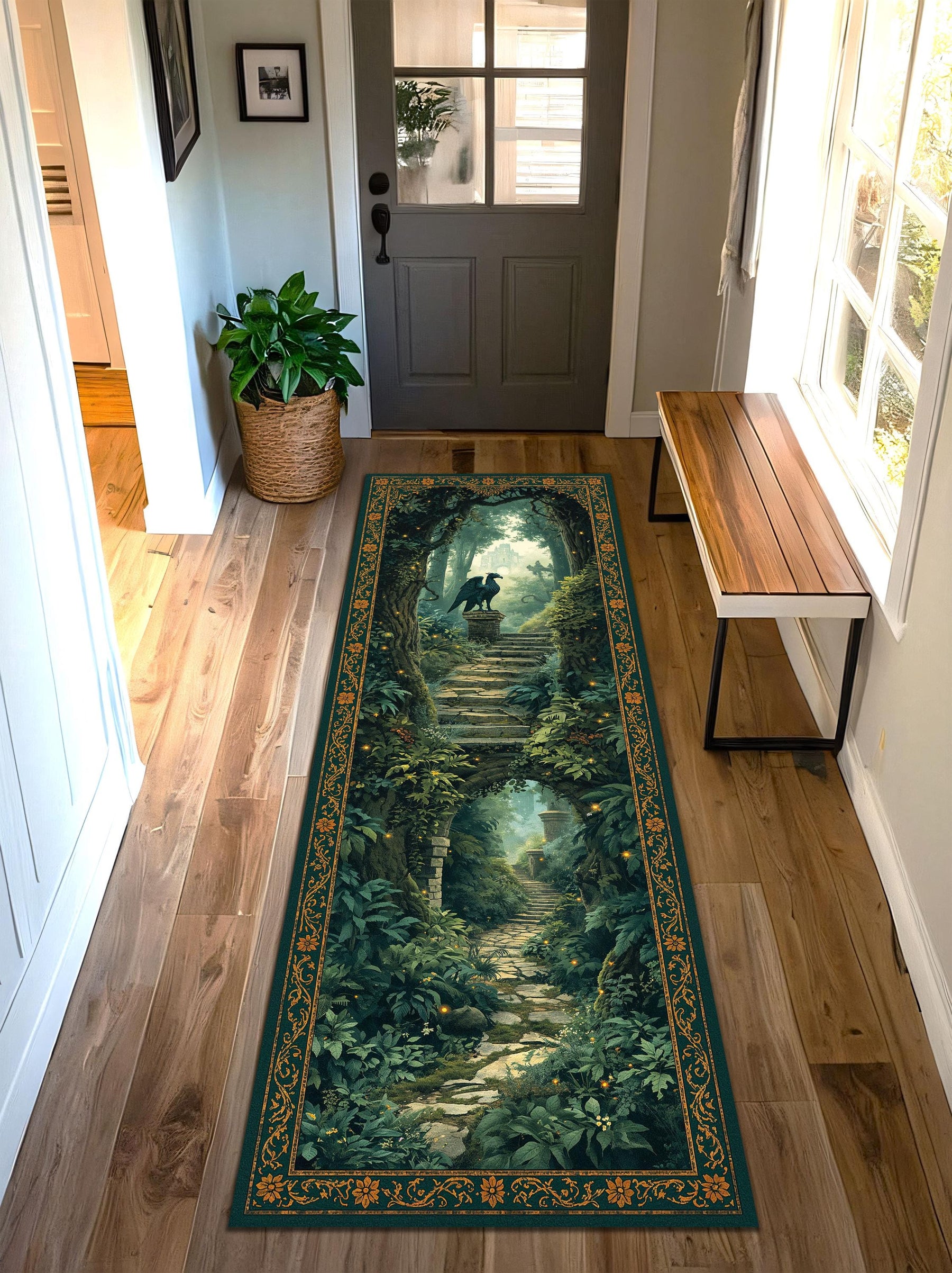 Enchanted Forest Runner Rug with Griffin and Castle, Dark Green Fairy Garden Pathway Hallway Mat, Cottagecore Fantasy Decor Entryway