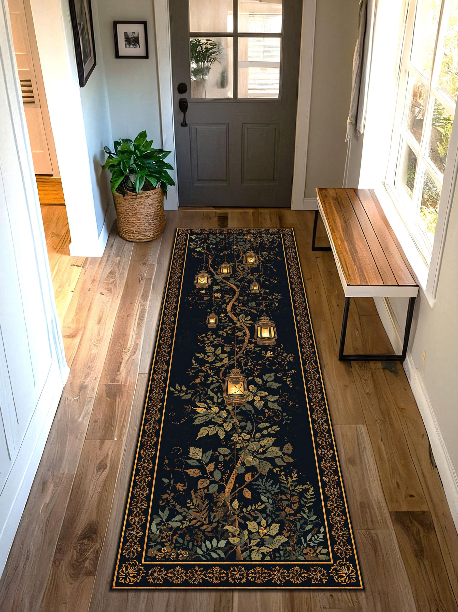 Lantern Botanical Runner Rug, Vintage Boho Hallway Carpet, Dark Floral Oriental Border, Entryway Living Room Kitchen Decor
