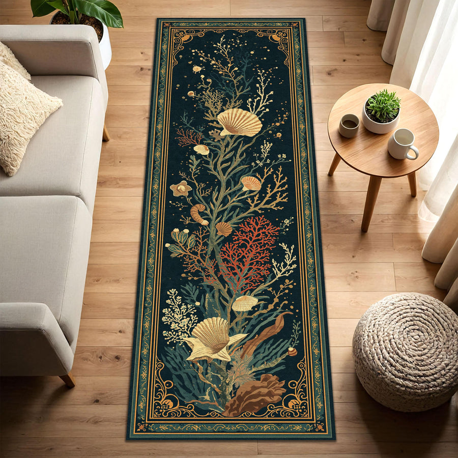 Coastal Ocean Runner Rug, Navy Teal Underwater Coral & Seashell Art, Vintage Nautical Border Mat for Hallway, Kitchen, Entryway Decor