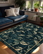 Dark Teal Botanical Area Rug with Gold Leaf Pattern, Modern Vintage Living Room Runner, Elegant Bedroom Floor Carpet Decor Boho Chic