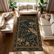 Black & Gold Botanical Feather Area Rug, Vintage Floral Runner Carpet, Modern Living Room Decor, Non Slip Floor Mat, Boho Luxe Gift