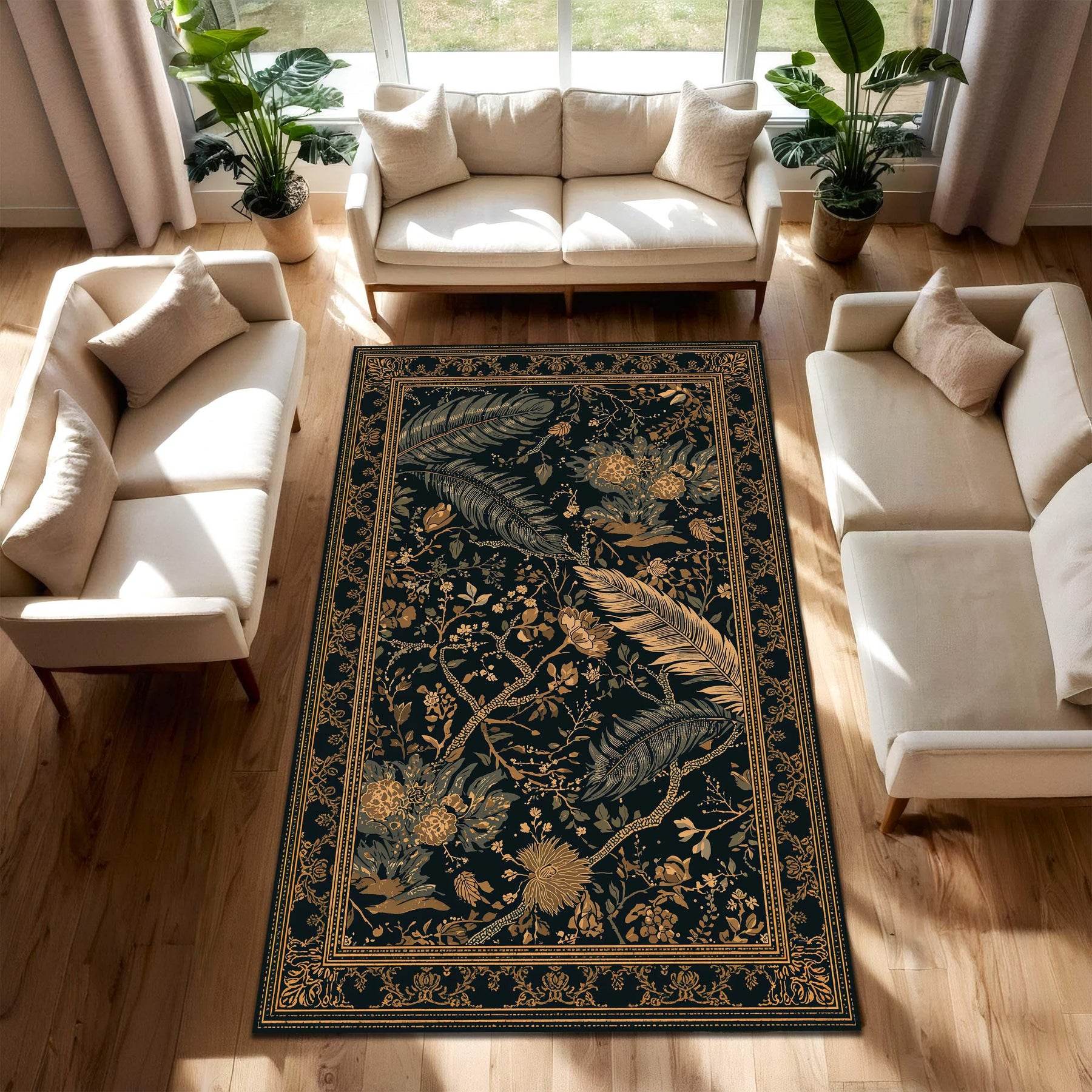 Black & Gold Botanical Feather Area Rug, Vintage Floral Runner Carpet, Modern Living Room Decor, Non Slip Floor Mat, Boho Luxe Gift