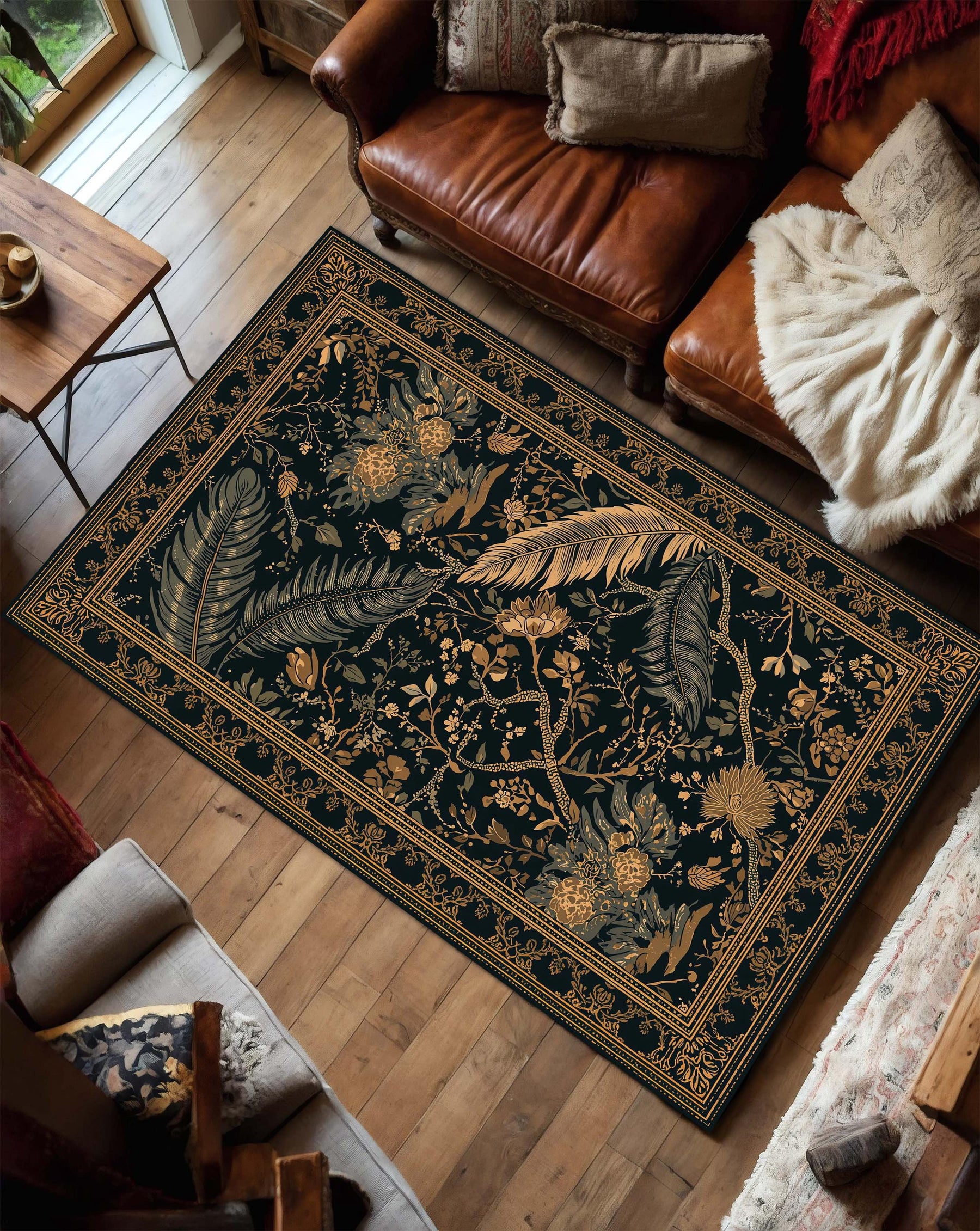 Black & Gold Botanical Feather Area Rug, Vintage Floral Runner Carpet, Modern Living Room Decor, Non Slip Floor Mat, Boho Luxe Gift