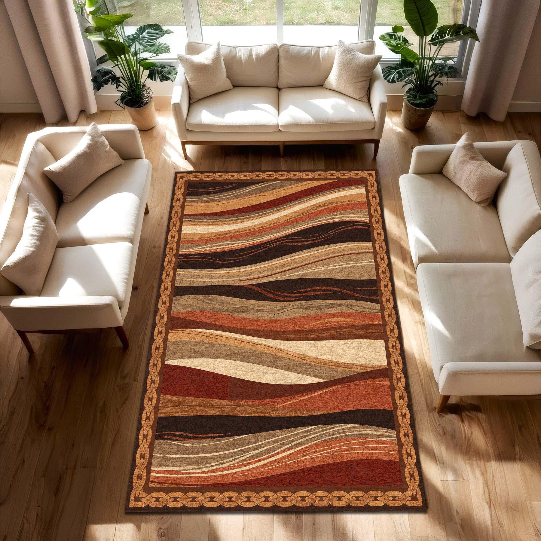 Retro Earth Tone Wavy Stripe Area Rug with Celtic Knot Border, Rustic Boho Living Room Carpet, Low Pile Washable Carpet for Entryway Hallway