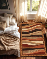 Retro Earth Tone Wavy Stripe Area Rug with Celtic Knot Border, Rustic Boho Living Room Carpet, Low Pile Washable Carpet for Entryway Hallway