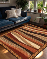 Retro Earth Tone Wavy Stripe Area Rug with Celtic Knot Border, Rustic Boho Living Room Carpet, Low Pile Washable Carpet for Entryway Hallway