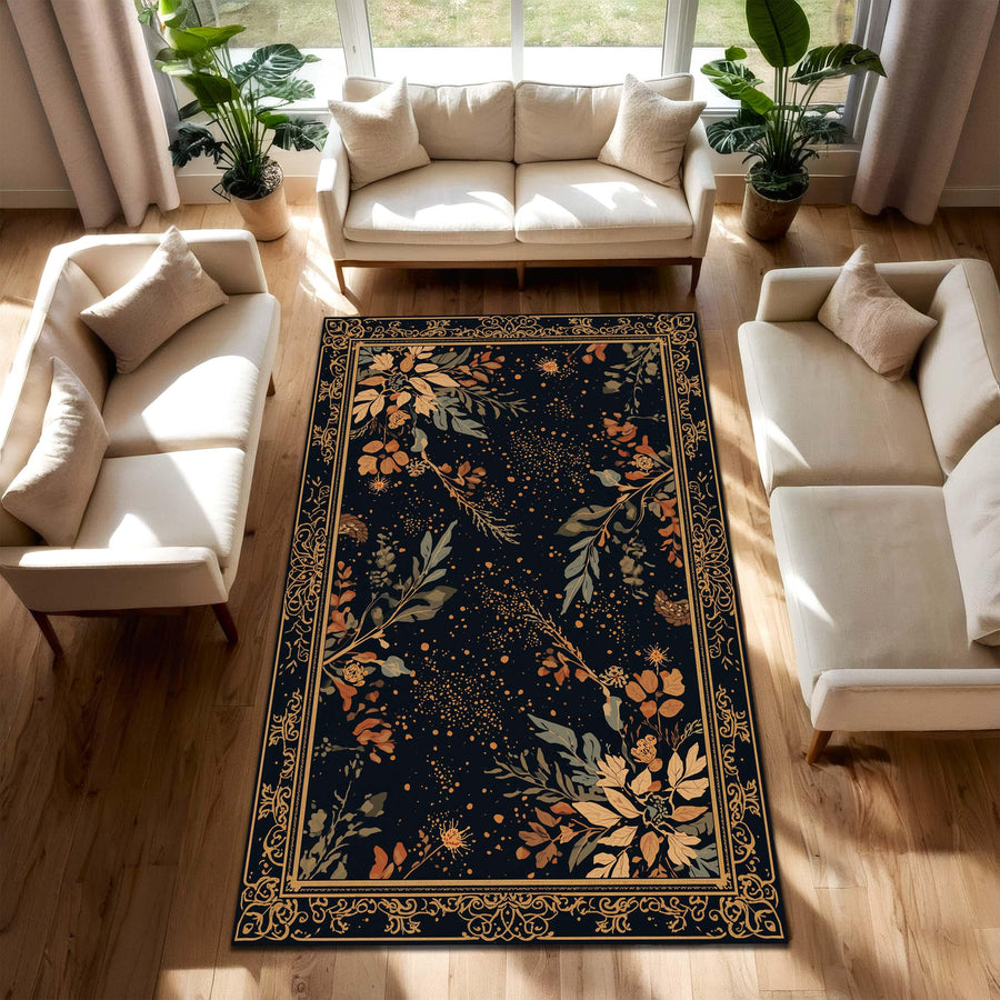 Dark Botanical Area Rug, Gold Floral Border Carpet, Vintage Cottagecore Floor Mat for Living Room Bedroom Entryway, Boho Home Decor