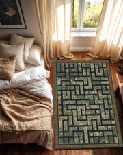 Green Maze Geometric Area Rug, Modern Abstract Runner Carpet for Living Room, Olive Gold Border Floor Mat, Boho Minimal Decor, Home Accent