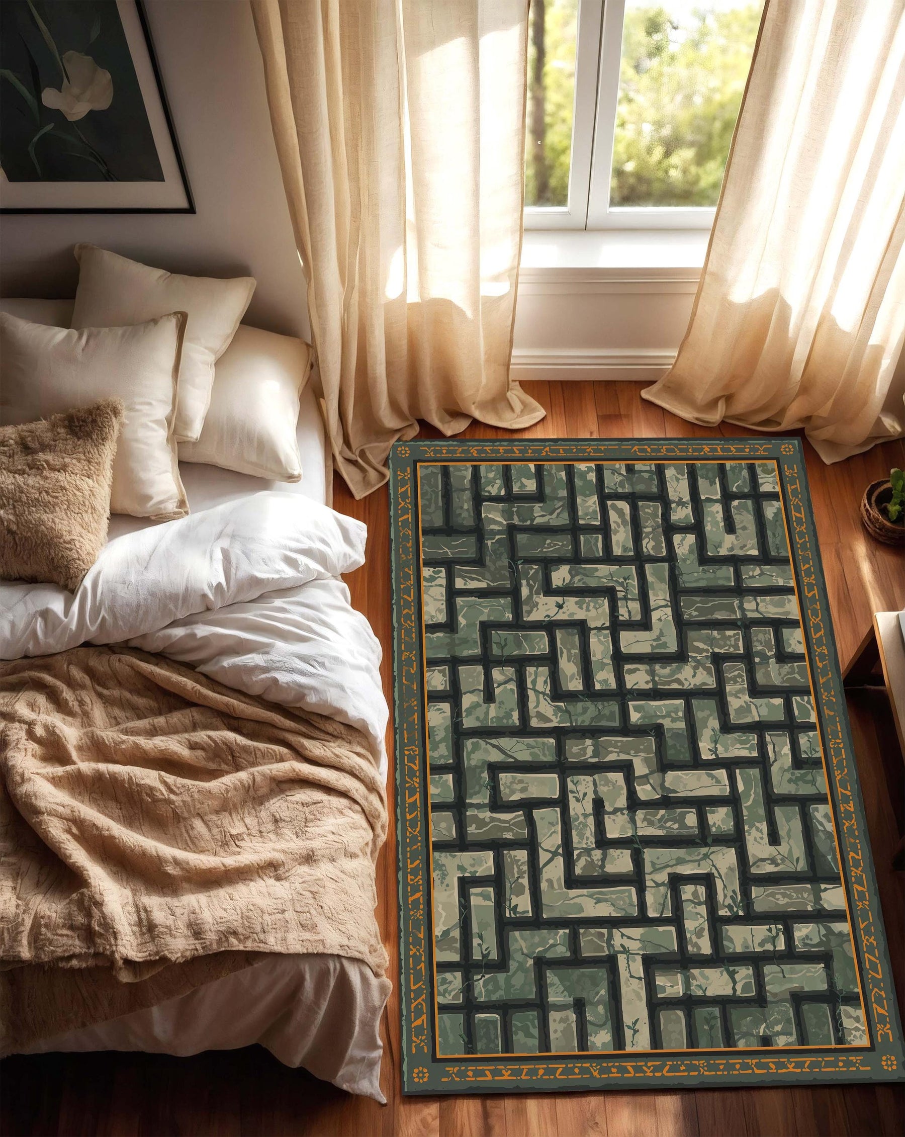 Green Maze Geometric Area Rug, Modern Abstract Runner Carpet for Living Room, Olive Gold Border Floor Mat, Boho Minimal Decor, Home Accent