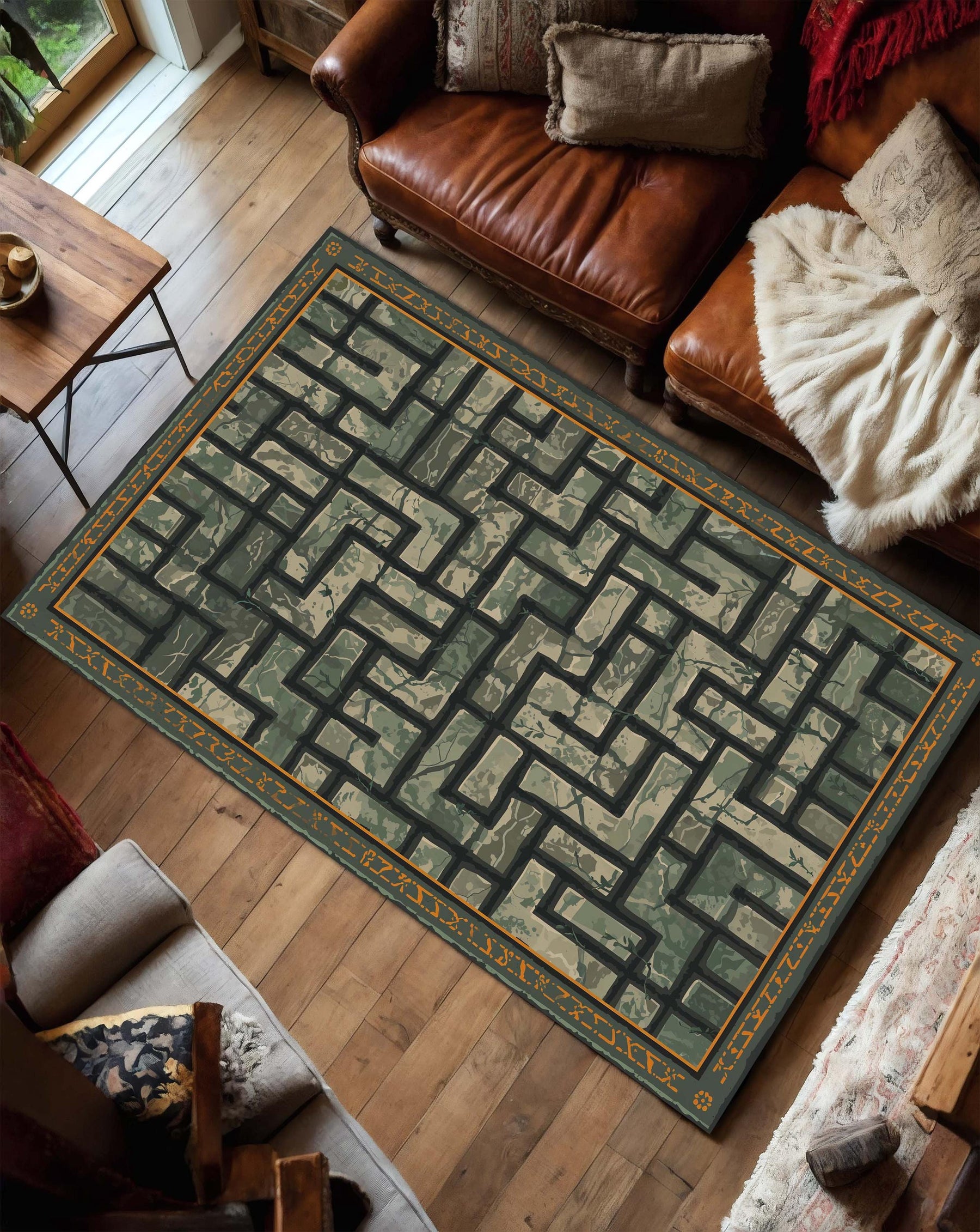 Green Maze Geometric Area Rug, Modern Abstract Runner Carpet for Living Room, Olive Gold Border Floor Mat, Boho Minimal Decor, Home Accent