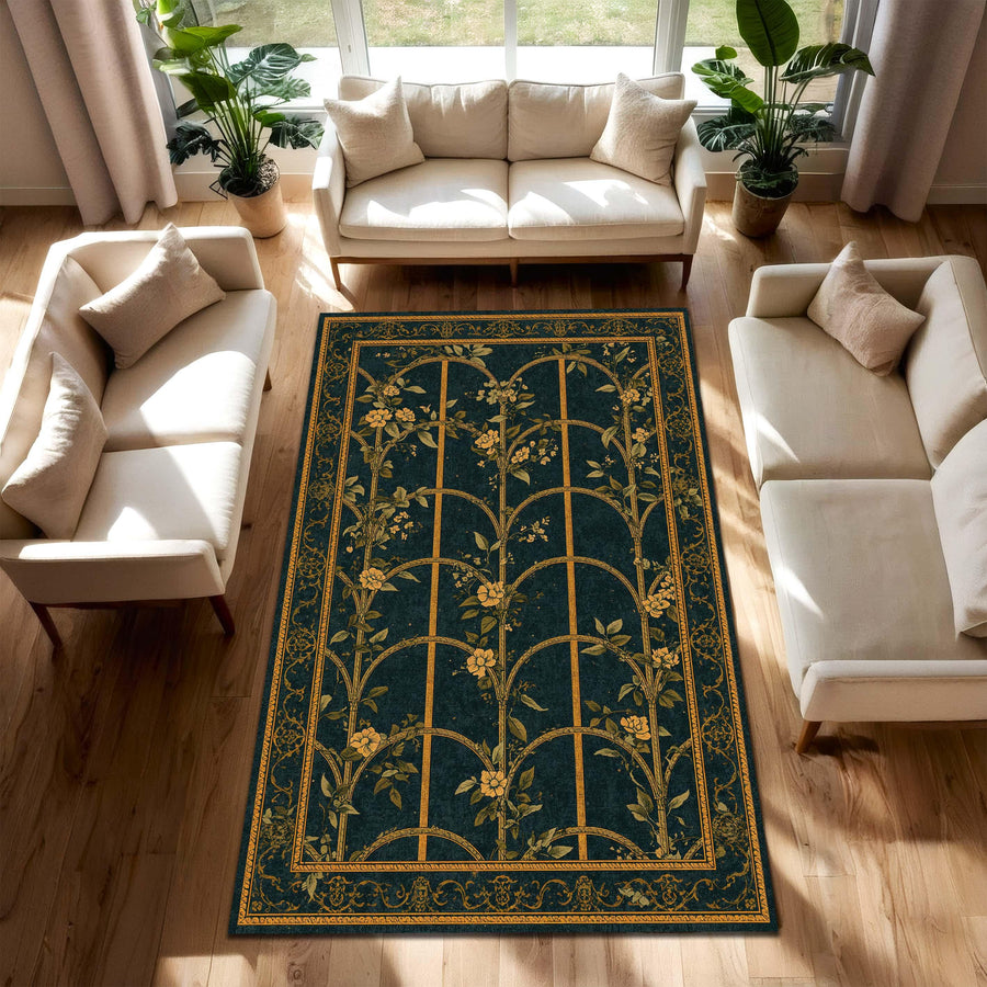 Teal Gold Floral Trellis Area Rug, Vintage Botanical Carpet for Living Room, Bedroom, Entryway, Art Deco Garden Pattern Decor Floor Mat