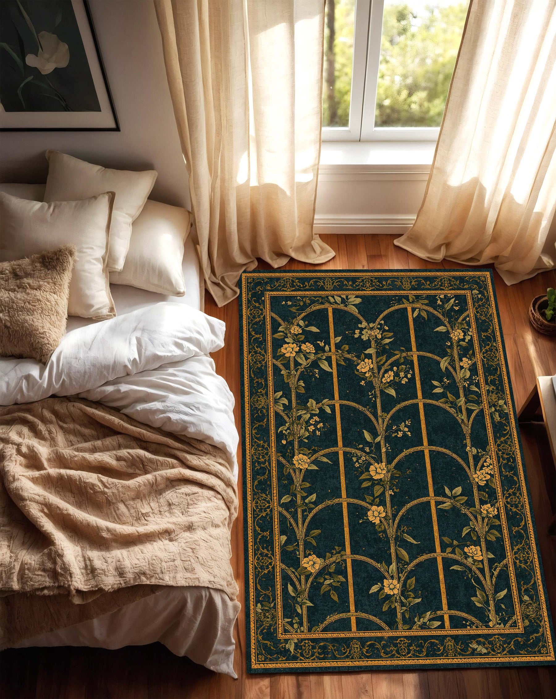 Teal Gold Floral Trellis Area Rug, Vintage Botanical Carpet for Living Room, Bedroom, Entryway, Art Deco Garden Pattern Decor Floor Mat