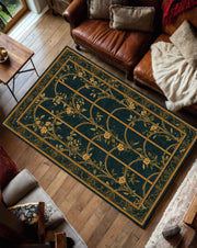 Teal Gold Floral Trellis Area Rug, Vintage Botanical Carpet for Living Room, Bedroom, Entryway, Art Deco Garden Pattern Decor Floor Mat