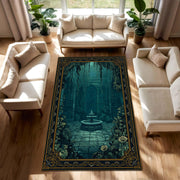 Mystic Underwater Ruins Area Rug, Teal Ocean Temple Fountain Floor Mat, Dark Gothic Fantasy Decor for Living Room Bedroom Office Gift