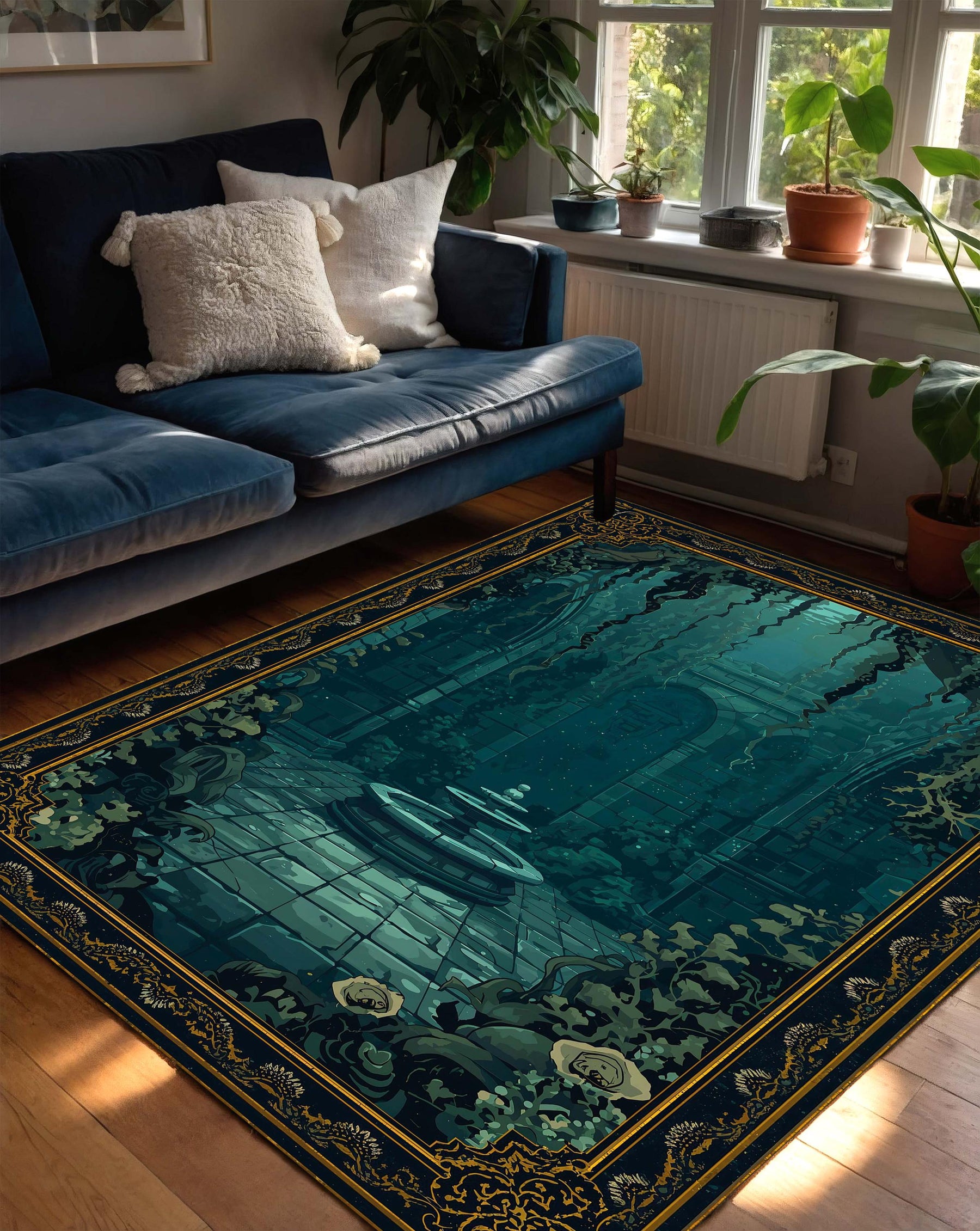 Mystic Underwater Ruins Area Rug, Teal Ocean Temple Fountain Floor Mat, Dark Gothic Fantasy Decor for Living Room Bedroom Office Gift
