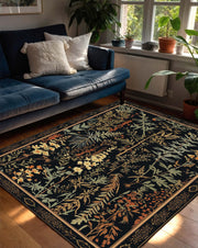 Dark Botanical Floral Area Rug, Vintage Garden Pattern Carpet for Living Room Bedroom, Boho Farmhouse Decor, Cottagecore Statement Rug