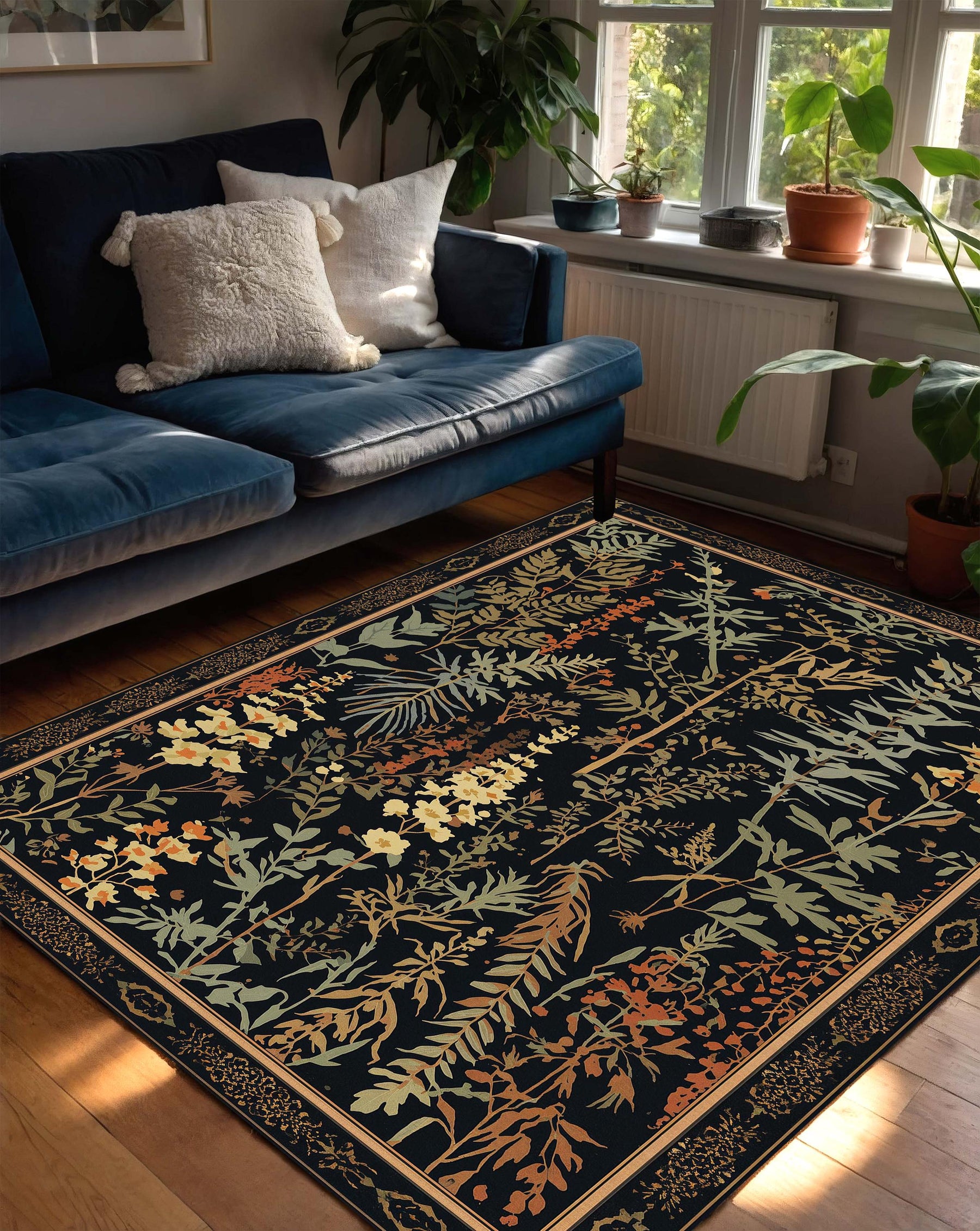Dark Botanical Floral Area Rug, Vintage Garden Pattern Carpet for Living Room Bedroom, Boho Farmhouse Decor, Cottagecore Statement Rug