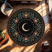Crescent Moon Round Rug, Dark Floral Botanical Celestial Carpet, Witchy Boho Gothic Home Decor, Nursery Meditation Room Floor Mat Art