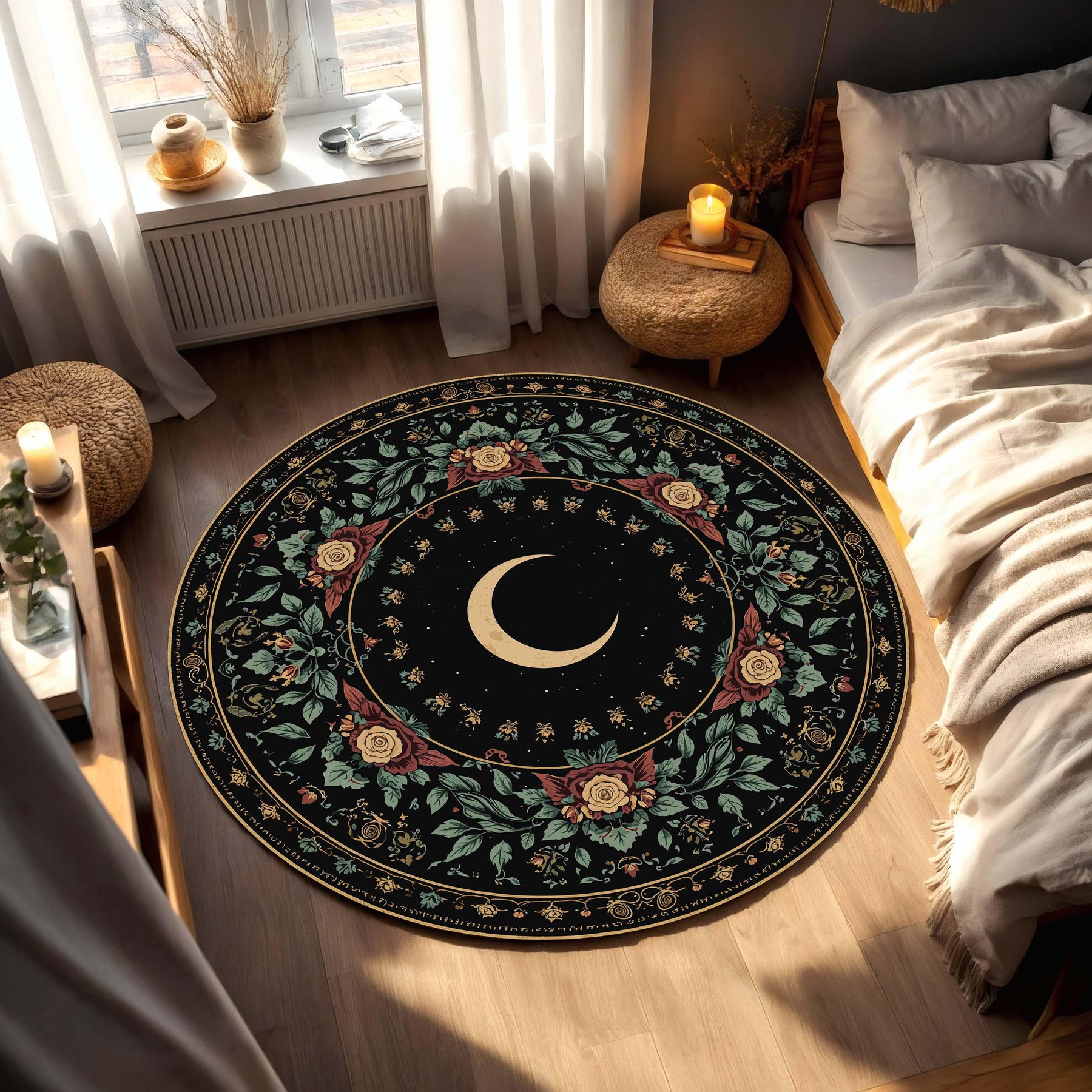 Crescent Moon Round Rug, Dark Floral Botanical Celestial Carpet, Witchy Boho Gothic Home Decor, Nursery Meditation Room Floor Mat Art