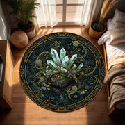 Mystic Crystal Round Rug, Dark Botanical Teal & Gold Mandala Floor Mat, Boho Witchy Decor, Living Room Bedroom Area Rug Gift Housewarming