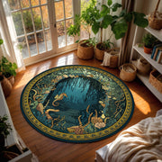 Round Ocean Cave Rug, Seahorse Underwater Garden Mandala, Teal Gold Nautical Floor Mat, Coastal Boho Living Room Decor, Kids Playroom