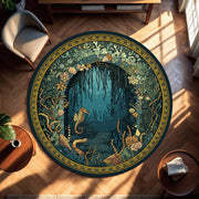 Round Ocean Cave Rug, Seahorse Underwater Garden Mandala, Teal Gold Nautical Floor Mat, Coastal Boho Living Room Decor, Kids Playroom