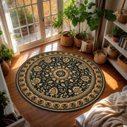 Round Vintage Medallion Rug, Black & Gold Floral Boho Area Rug, Non Slip Washable Carpet for Living Room Bedroom Entryway Home Decor
