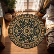 Round Vintage Medallion Rug, Black & Gold Floral Boho Area Rug, Non Slip Washable Carpet for Living Room Bedroom Entryway Home Decor